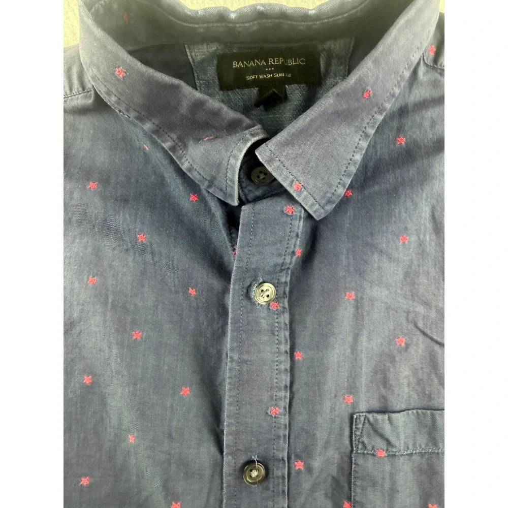 Banana Republic Mens Navy Blue Star Print Short Sleeve Button Down Shirt Slim M